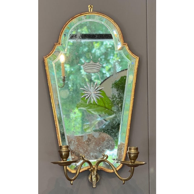 Pair of 20th Century Italian Giltwood Etched Mirror Two-Light Sconces For Sale - Image 4 of 8