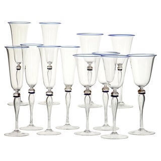 Stemmed Flute Glasses in Murano Glass with Cobalt and Gold Accents by Cenedese, 1980s, Set of 6 For Sale