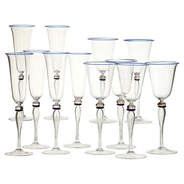 Stemmed Flute Glasses in Murano Glass with Cobalt and Gold Accents by Cenedese, 1980s, Set of 6 For Sale