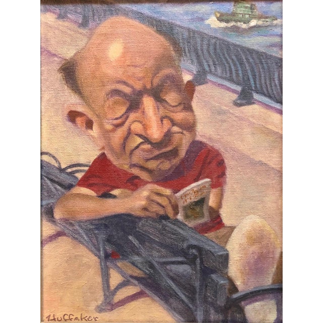 An Upper East Side of Manhattan New York city scene of bald guy reading newspaper on bench with East River and tugboat in...