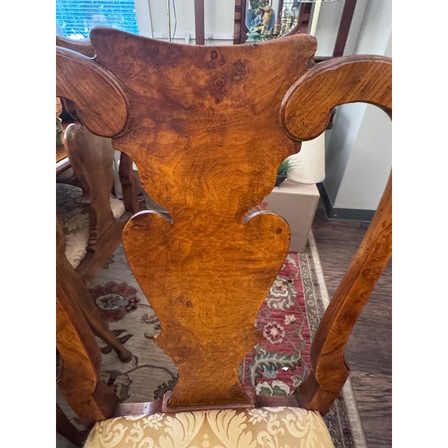Late 20th Century Set of 10 Burl Walnut Georgian / Queen Anne Style Dining Chairs – 8 Side Chairs & 2 Armchairs For Sale - Image 5 of 12