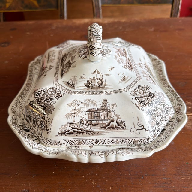 A Antique Brown Transfer Decorated Staffordshire Covered Vegetable Dish, “Nankin” by Dimmock, Circa 1830’s For Sale - Image 4 of 12