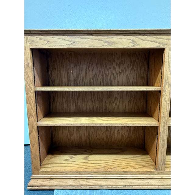 Double-Wide Golden Oak Wood Bookcase For Sale - Image 9 of 12