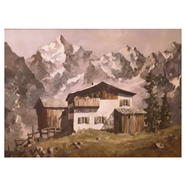 H Roegner, Mountain Hut with Alpine Panorama, 1946, Large Oil on Canvas, Framed For Sale