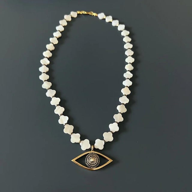 Evil Eye Pendant Pearl Clover Beaded Protection Necklace For Sale - Image 4 of 10