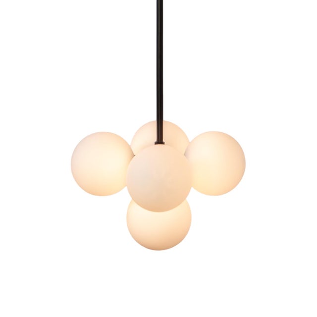 Modern Bunch Pendant, Black, 56in H, Modern, 5 Inch Glass Globes, by Research.Lighting, Modern, Minimal Hanging Light For Sale - Image 3 of 8
