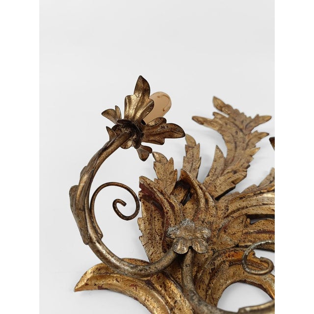 Baroque Italian Florentine Baroque Style Giltwood Leaf Wall Lights Sconces, 1960s, Set of 2 For Sale - Image 3 of 18