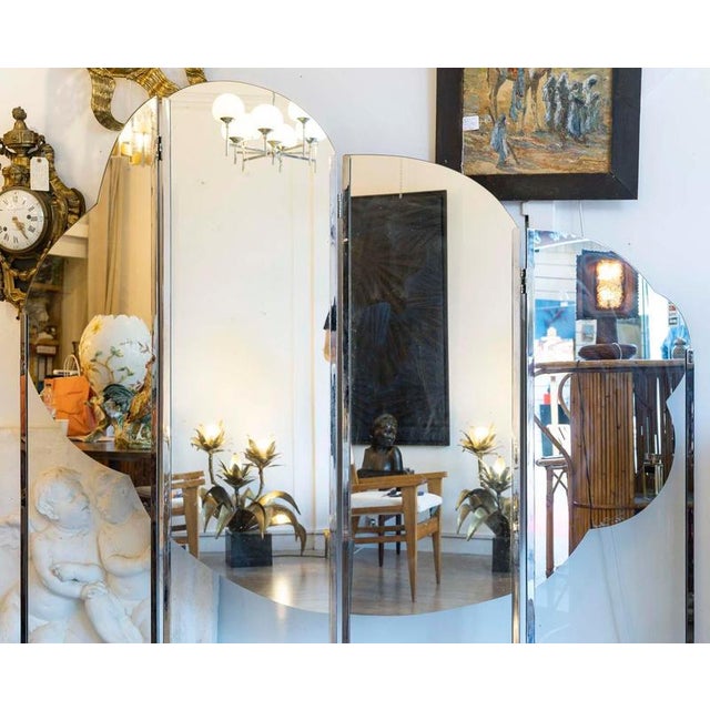 Mirror, triptych, mirror screen from 1973, decorated with a mirrored cloud, by saint-gobain. Large mirrored folding...