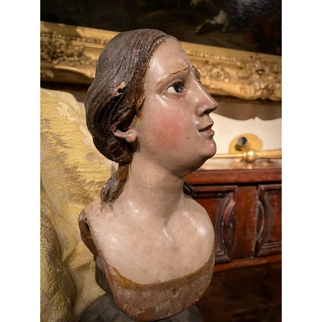 Wood Italian Artist, Carved Polychrome Female Bust Sculpture, 1700s, Lacquered Wood For Sale - Image 7 of 12
