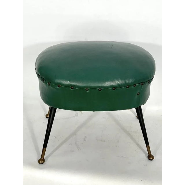 Vintage Italian Green Leatherette Pouf With Brass Feet, 1950s For Sale - Image 13 of 13