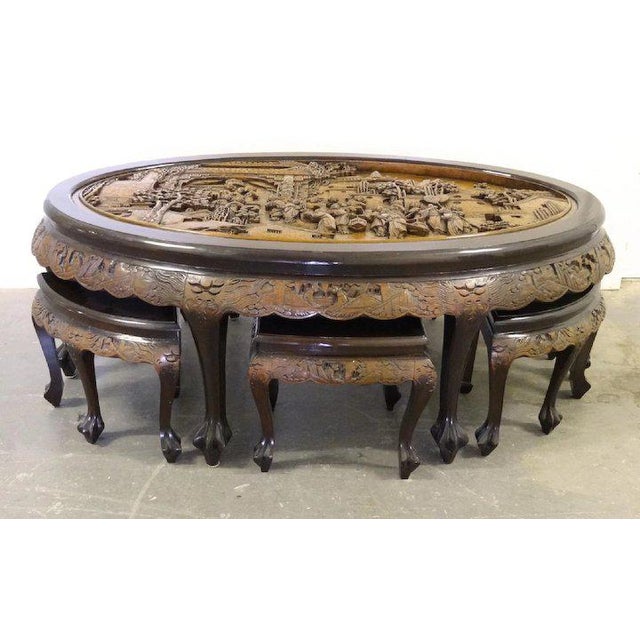 Zee Hand Carved Asian Mahogany Oval Tea Table With Stools Set
