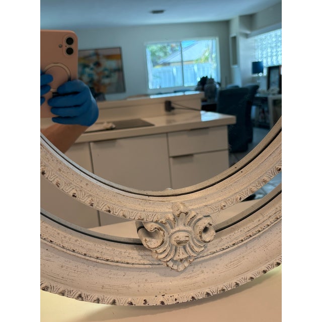 White Baroque Oval Wall Mirror in Distressed White For Sale - Image 8 of 14