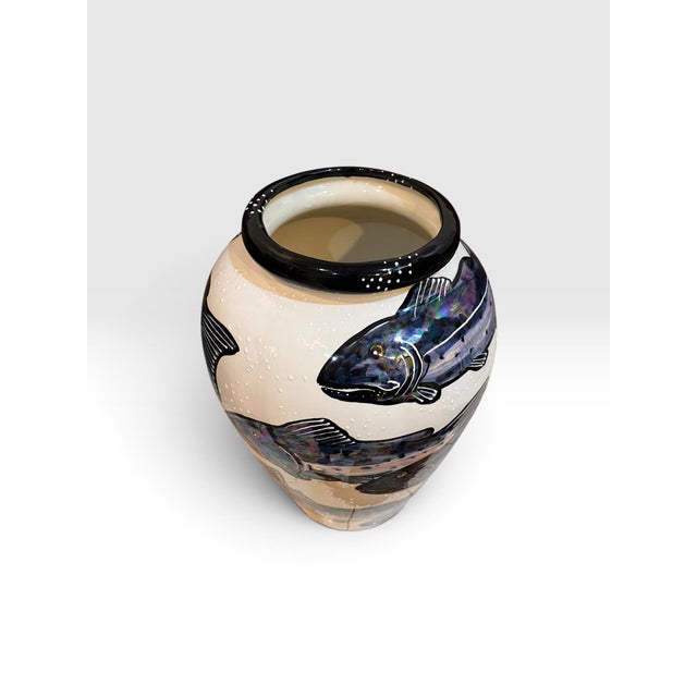 1990s Beth Allison Gripenstraw “Salmon” Hand-Painted Ceramic Urn Vase, Santa Cruz, 1997 For Sale - Image 5 of 11