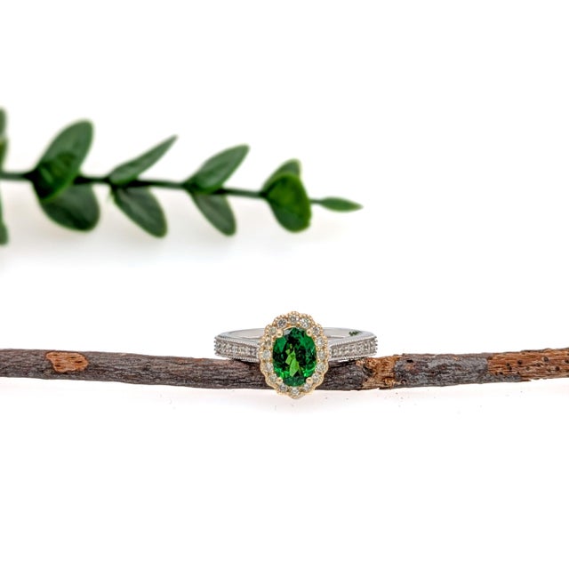 Art Deco Tsavorite Ring W Natural Diamonds in Solid 14k Gold | Ov 7x5mm | Statement Ring, Size 6.75 For Sale - Image 3 of 6