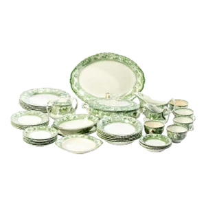 Early 20th Century Wh Grindley & Co Green Transferware Madrid Pattern - Made in England- 41 Pieces