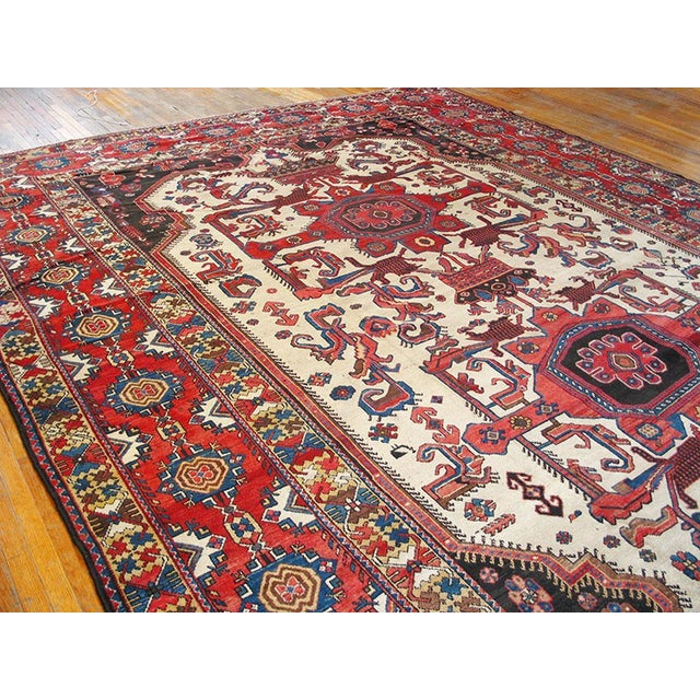 Persian 1900s Ivory Medallion Tribal Antique Persian Bakhtiari Rug 12' 6" X 17' 4" Handknotted Wool Carpet For Sale - Image 3 of 7