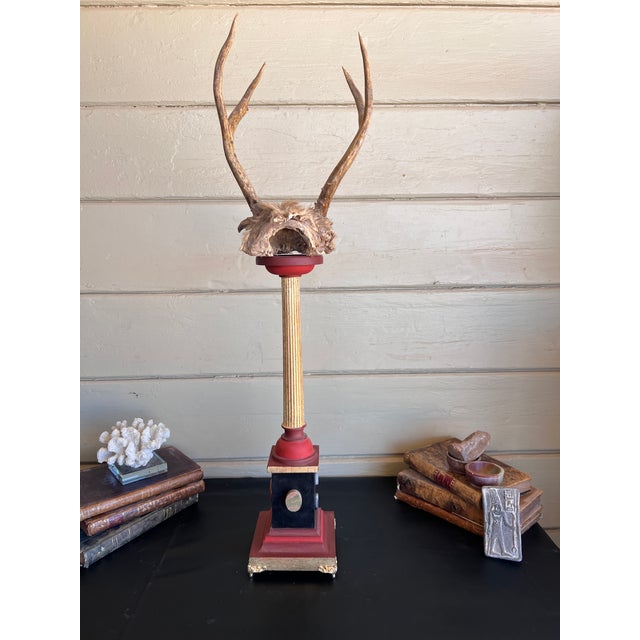 Baroque Curiosity Cabinet Vintage Trophy Antlers W Gilded Column & Specimen Gems For Sale - Image 13 of 14