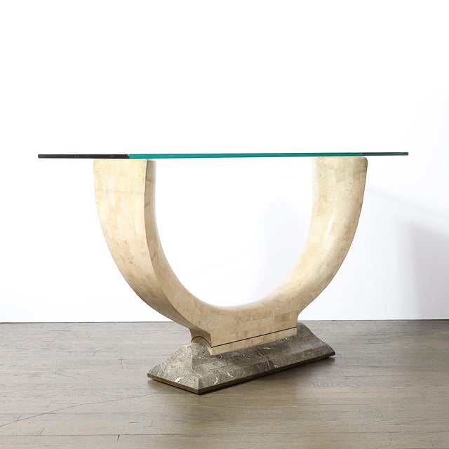 Beige Mid-Century Tessellated Stone Console Table W/ Brass Inlays by Maitland Smith For Sale - Image 8 of 18