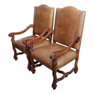 Leather Arm Chairs With Nail Head and Carving Details - A Pair For Sale