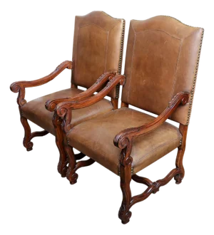 Leather Arm Chairs With Nail Head and Carving Details - A Pair