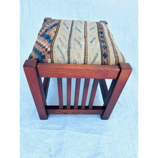 French Country Vintage Mission Style Footstool Upholstered Vintage Kilim For Sale - Image 3 of 5