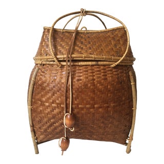 Large Vintage Lidded Woven Asian Basket For Sale