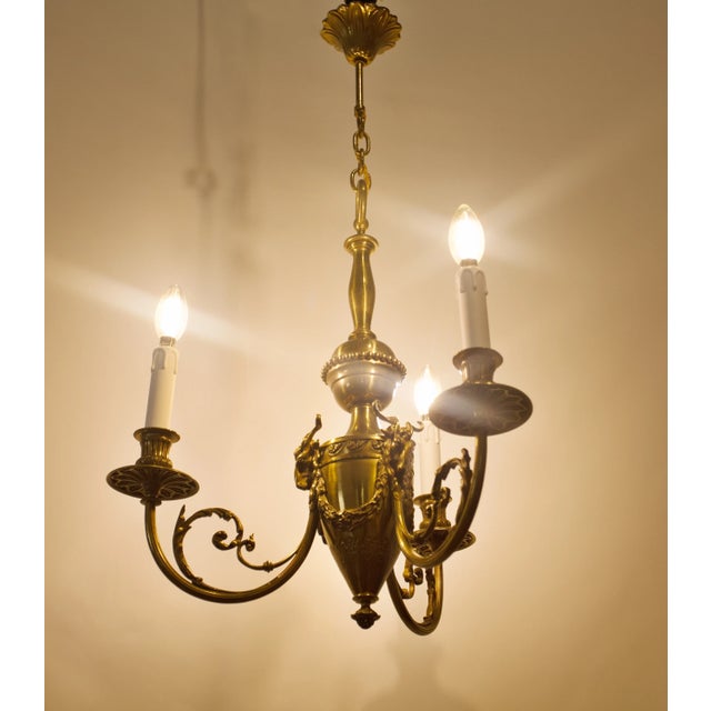 Goldenrod Empire Three-Arm Brass Chandelier with Trestles For Sale - Image 8 of 10