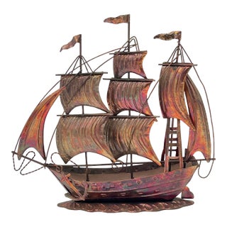 Mid 20th Century Brutalist Copper Finish Metal Clipper Ship Sculpture in the Manner of Curtis Jere For Sale