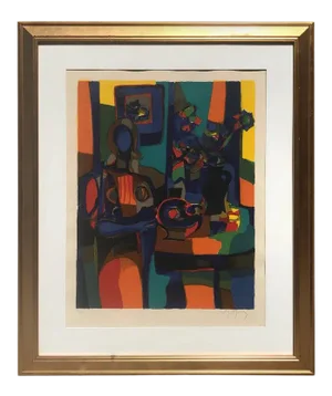 1960s Cubist Figurative Interior Scene Linocut, Framed