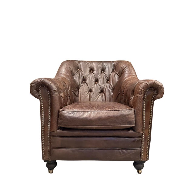 Restoration Hardware Distressed Leather Club Chair – Tufted English Library Lounge Chair with Rolled Arms & Brass Casters,...
