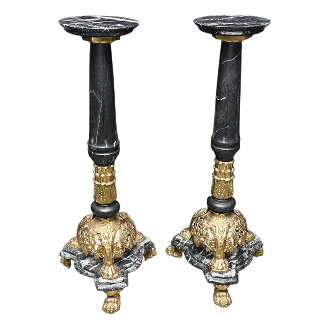 Superb Pair of French Antique Marble & Bronze Ornate Pedestals For Sale