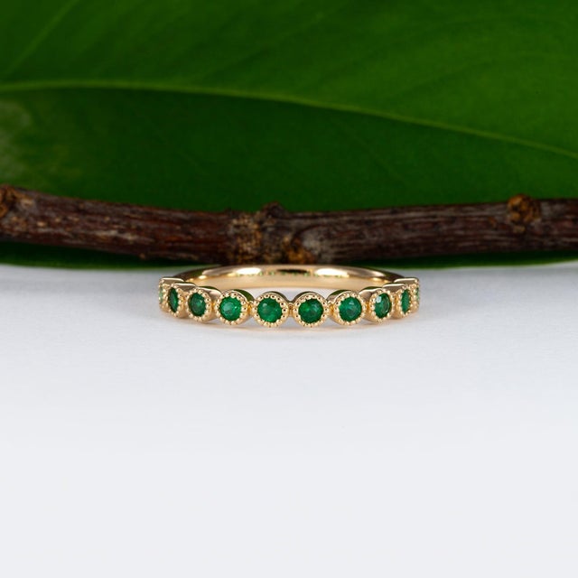 Zambian Emerald Band in Solid 14k Gold – Round Accents – A Timeless Jewelry, Size 6.75 For Sale In Columbus - Image 6 of 10