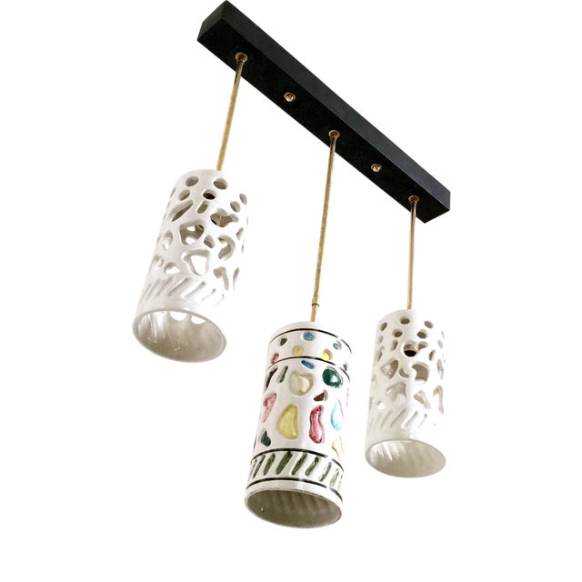 Vintage Hanging Light with Cylindrical Ceramic Lampshades by Ceramiche Pucci, 1960s For Sale