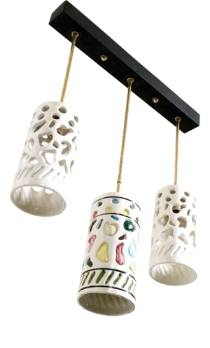 Vintage Hanging Light with Cylindrical Ceramic Lampshades by Ceramiche Pucci, 1960s