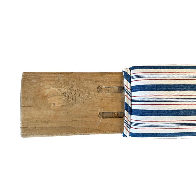 Rustic vintage elm long bench with tenon and mortise construction newly custom upholstered in a vintage French cotton...