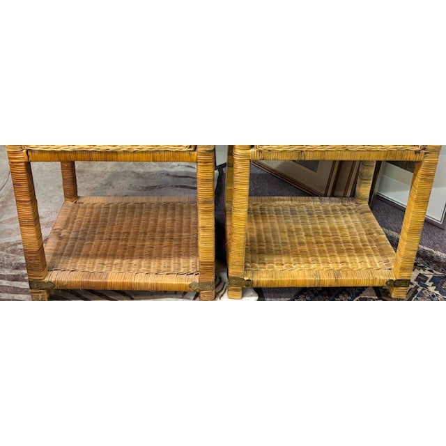 Wood Mid Century Campaign Style Wicker Nightstands, End Tables For Sale - Image 7 of 9