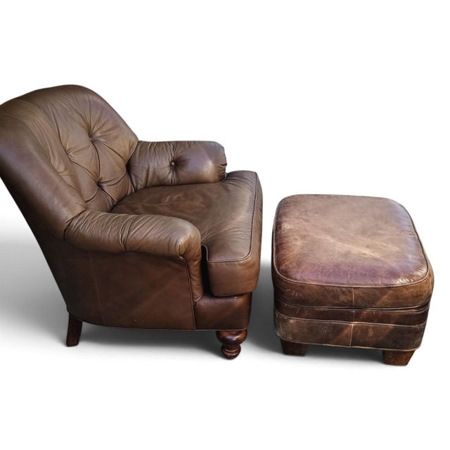 Animal Skin Some Chairs Fill a Space. A Vintage Classic Leather Chair & Ottoman Command It. For Sale - Image 7 of 12