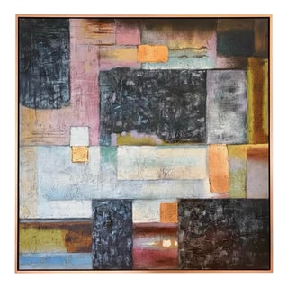 Large Geometric Abstract Painting in Charcoal, Blush & Ochre Tones For Sale