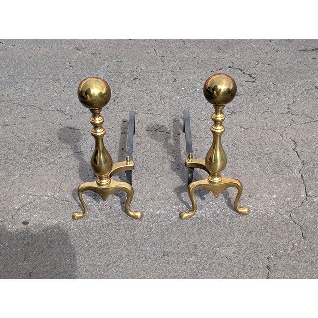 Victorian Vintage Pair of Cannonball Ball Victorian Brass Fireplace Andirons For Sale - Image 3 of 5