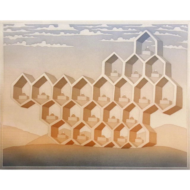 Abstract Jean-Michel Folon "Honeycomb" Hand Signed Aquatint Art Etching From Cities Suite For Sale - Image 3 of 7