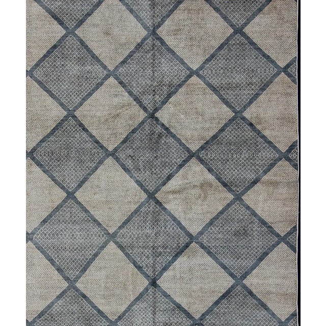 Measures: 7'10 x 16'5. Modern Gallery Rug with Large-Scale Diamond Pattern in Cream and Slate Blue. Keivan Woven Arts /...