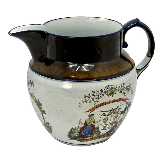 Large Antique English Transfer Decorated Pearlware "Farmers Arms" Motto Pitcher - Batter Jug Very Early 19th Century For Sale