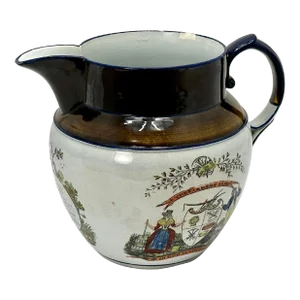 Large Antique English Transfer Decorated Pearlware "Farmers Arms" Motto Pitcher - Batter Jug Very Early 19th Century
