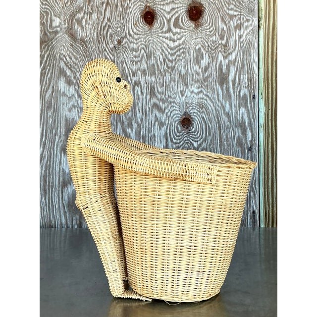 Vintage Coastal Woven Rattan Monkey Waste Paper Basket For Sale In West Palm - Image 6 of 7