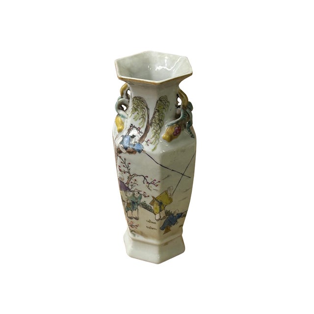 Chinese Scenery Graphic Hexagonal White Porcelain Art Vase For Sale - Image 4 of 15