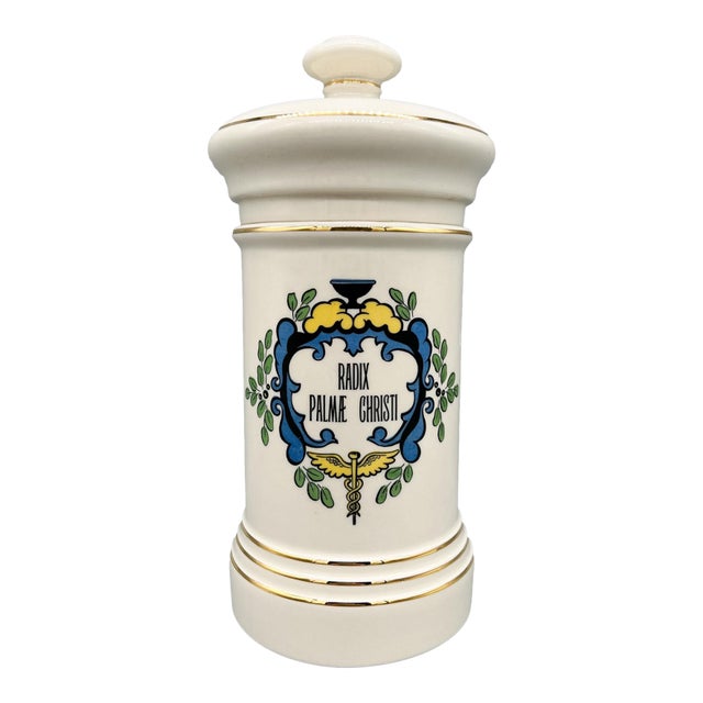 Vintage Blair Apothecary Jar Radix Palmae Christi With Lid – Ceramic Pharmacy Jar – Medical Caduceus – Neoclassical Pharmacy Decor For Sale