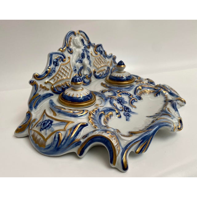 Porcelain Inkwell with Embossed Gold Accents Hand-Painted Desk Decor, France, 1890s For Sale - Image 3 of 8