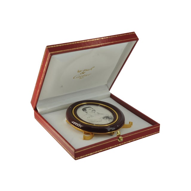 Cartier Brown Enamel And Gold Plated Easel Back Photo Frame of Oval Form with Semi Precious Cabochons with Red Cartier Box...