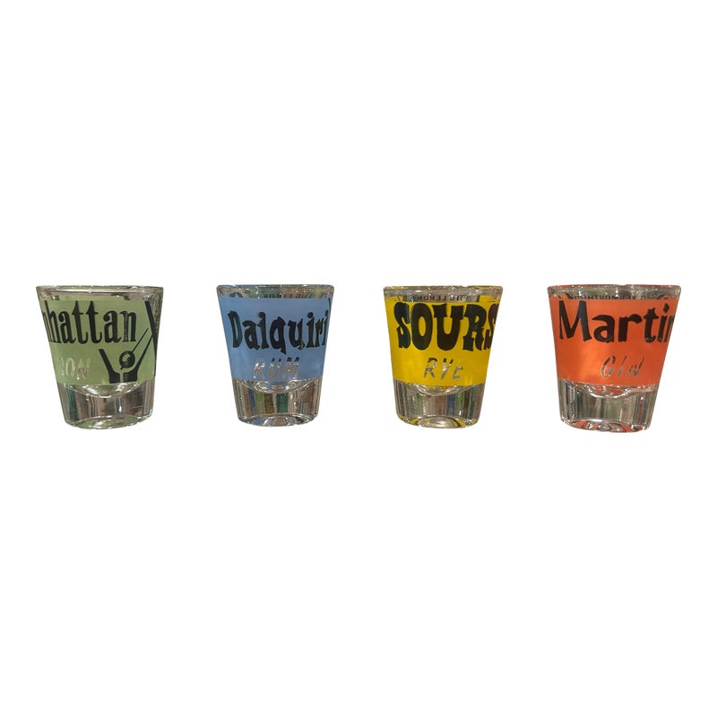 Mid Century Modern Set Of 4 Federal Glass Shot Glasses With Recipes