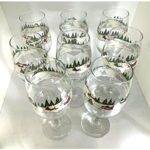 Transparent 1960s Libby Winter Village Wine/Water Goblet Set of 8 For Sale - Image 8 of 9